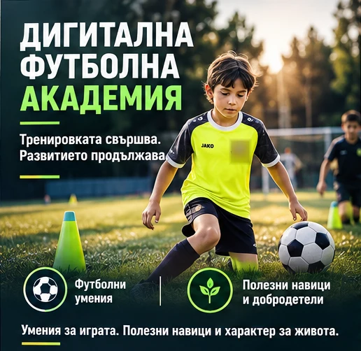 Дигитална футболна академия: дете упражнява футболни умения на терена. Визия от одобрената брошура.